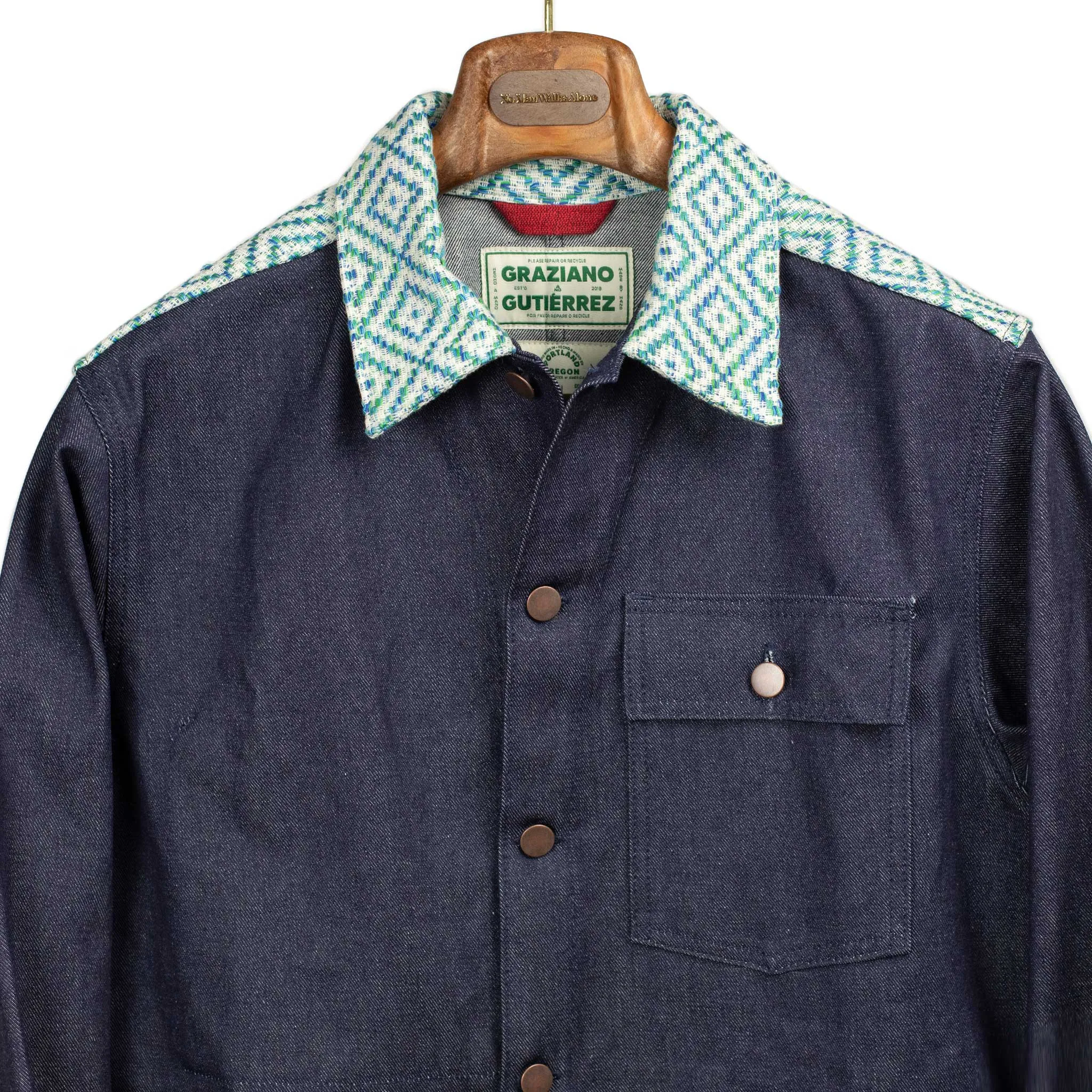 Chore jacket in handloomed diamond jacquard and denim