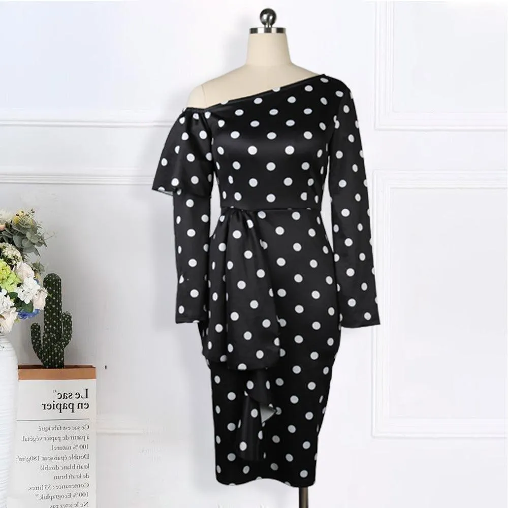 Sexy One-shoulder Long-sleeved Polka-dot High-waisted Slim-fit Large Size Package Hip And Ruffled Dress For Women